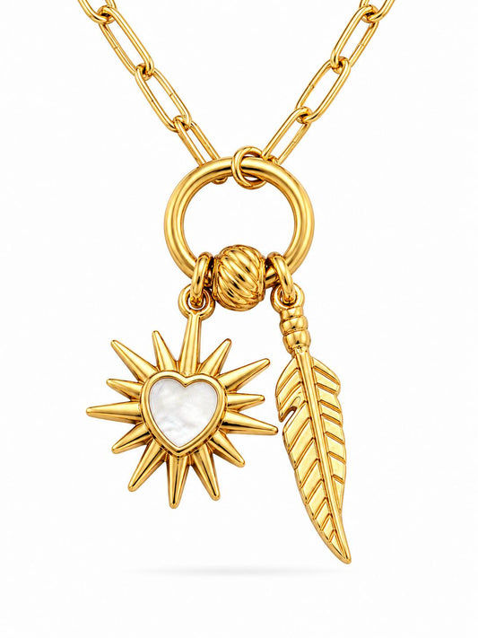Sun Heart & Feather Charm Pendant Necklace — Kia Glitz