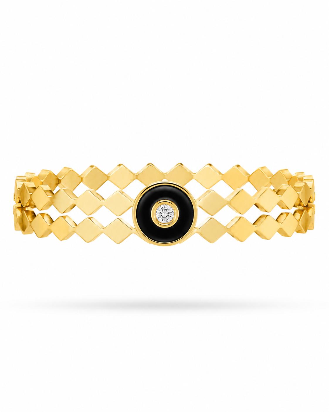 Lattice Mesh Bangle with Black Enamel CZ Medallion — Kia Glitz