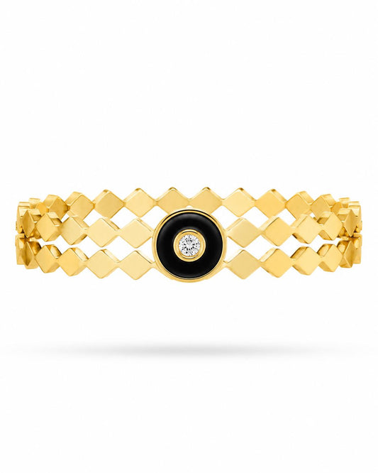 Lattice Mesh Bangle with Black Enamel CZ Medallion — Kia Glitz