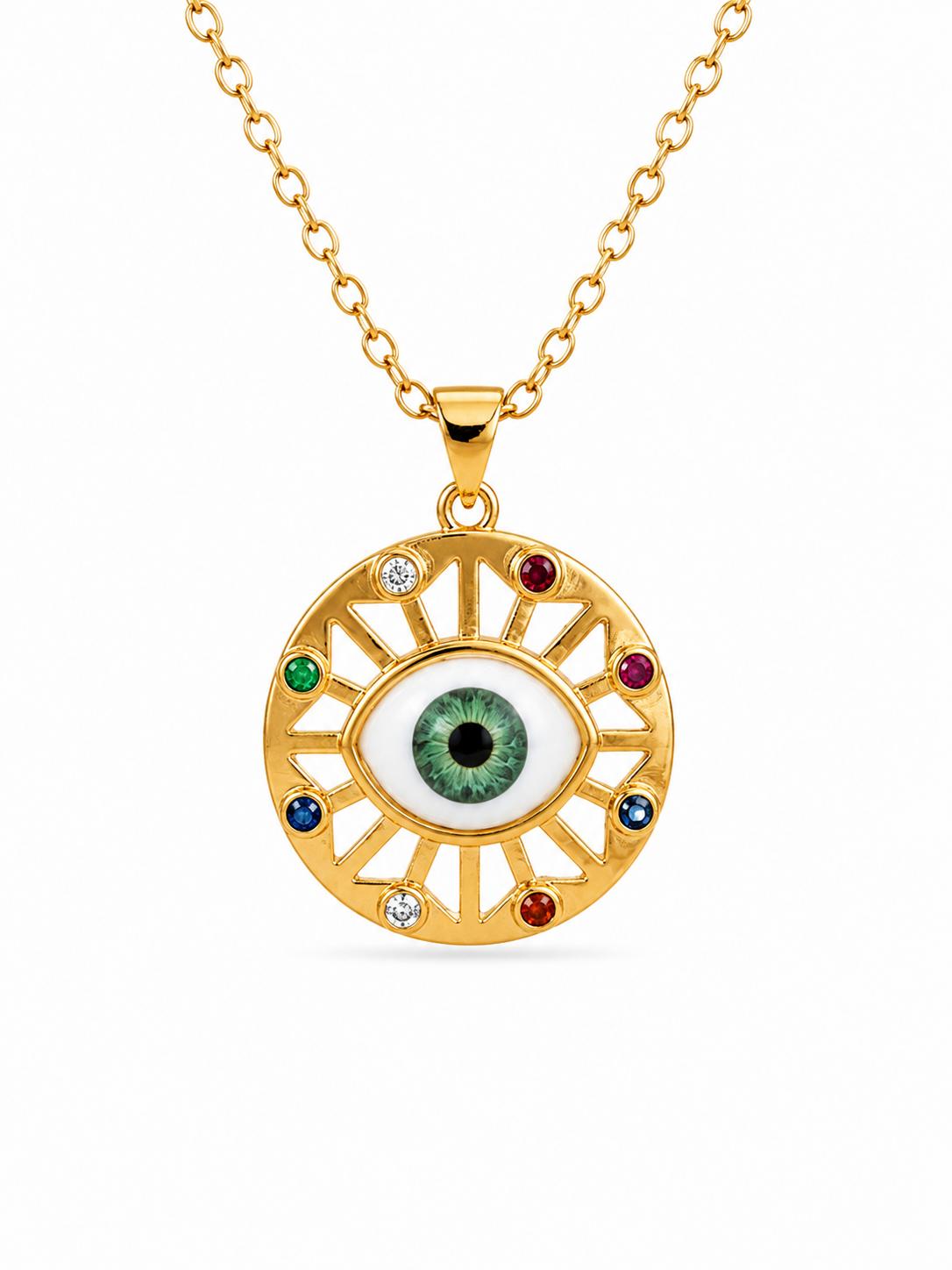 Evil Eye Sunburst Medallion Multicolour CZ Pendant Necklace — Kia Glitz