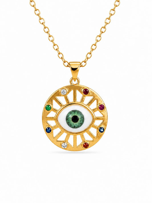 Evil Eye Sunburst Medallion Multicolour CZ Pendant Necklace — Kia Glitz
