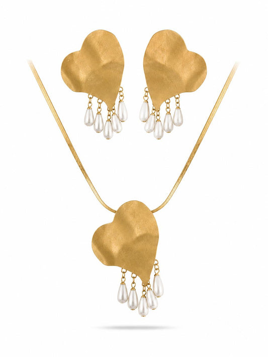 Golden Heart Pearl Drop Jewellery Set