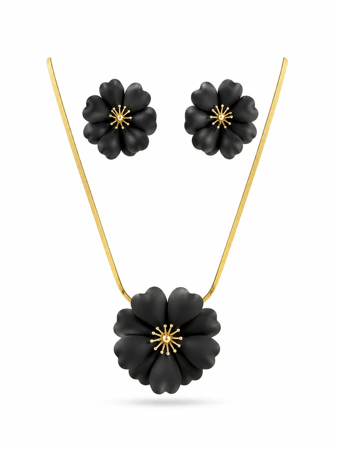 Matte Black Floral Jewellery Set