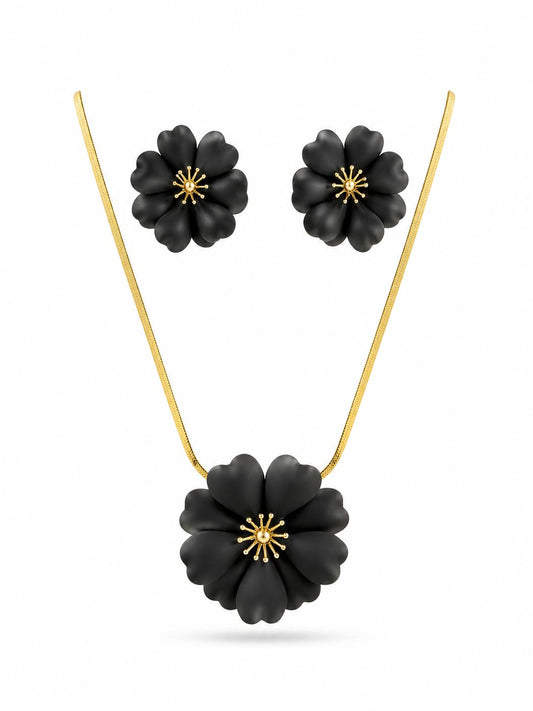 Matte Black Floral Jewellery Set