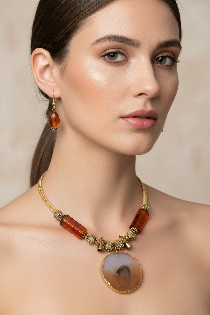 Amber Agate Pendant Set — Editorial Model Shot