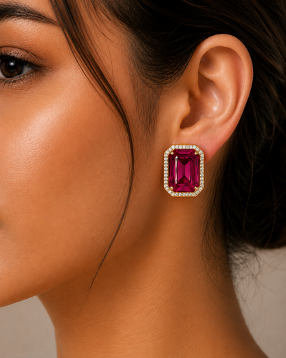 Gold Plated Earrings, Ruby Red earrings, statement earrings for women, party wear earrings, wedding jewellery, emerald cut earrings, Kia Glitz earrings
