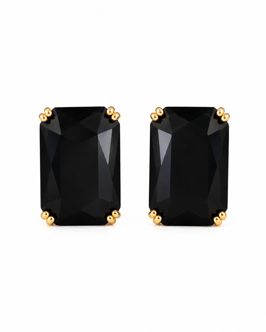 black stud earrings, crystal stud earrings, minimalist earrings, black gemstone earrings, gold plated earrings, premium earrings, earrings for women, earrings for girls, Kia Glitz earrings
