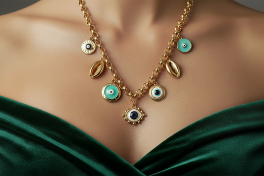 Nazar Evil Eye Charm Necklace — Model Editorial Shot