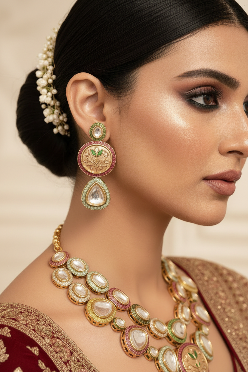 Side Face Close-up — Kundan Meenakari Earring